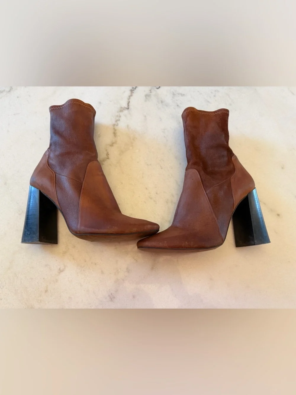Brown Leather Ankle Boots Block Heel Pointed Toe Booties Chic Minimalist Style
